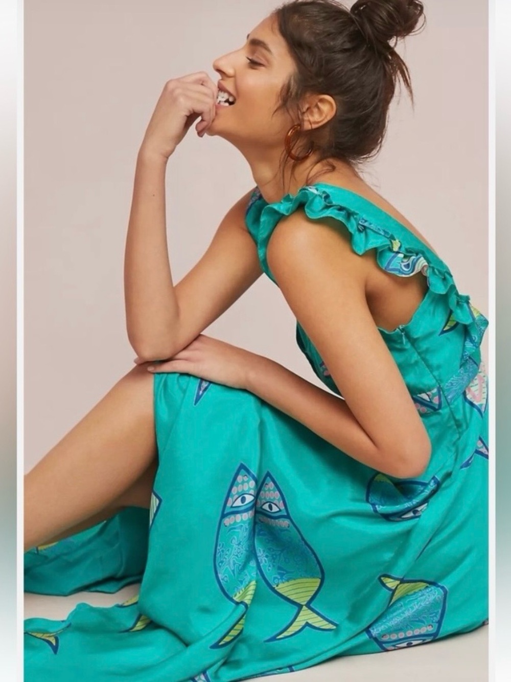 Silk Maxi dress schools out fish print from Anthropologie - Picture 2 of 10